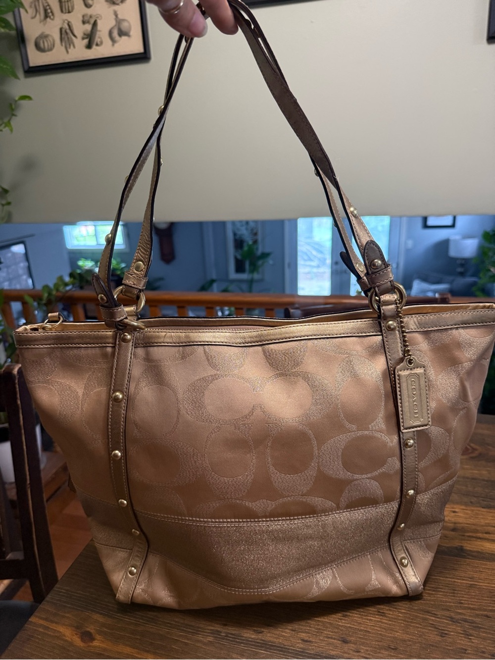 COACH SIGNATURE STRIPE STUDDED LUREX TOTE
